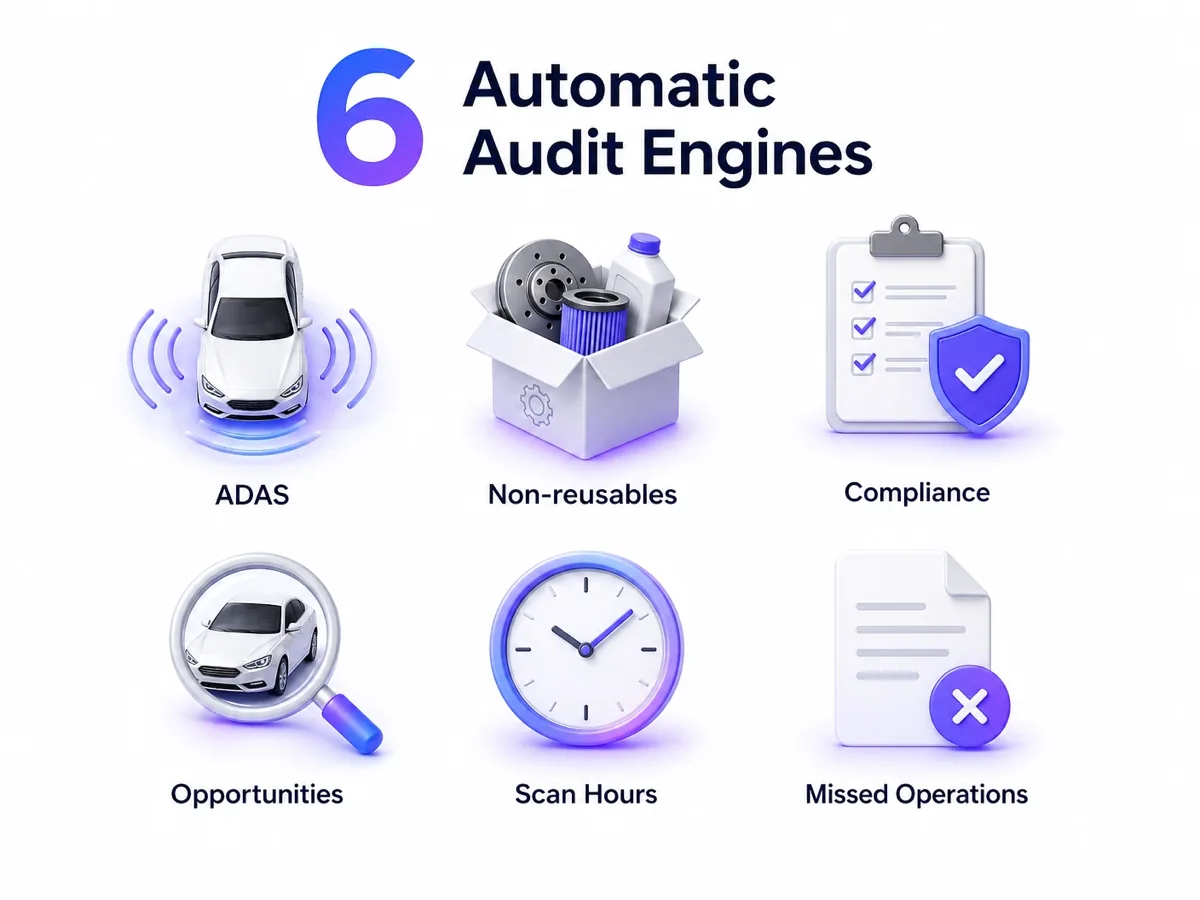 Six automatic audit engines: ADAS, non-reusables, compliance, opportunities, scan hours, missed operations